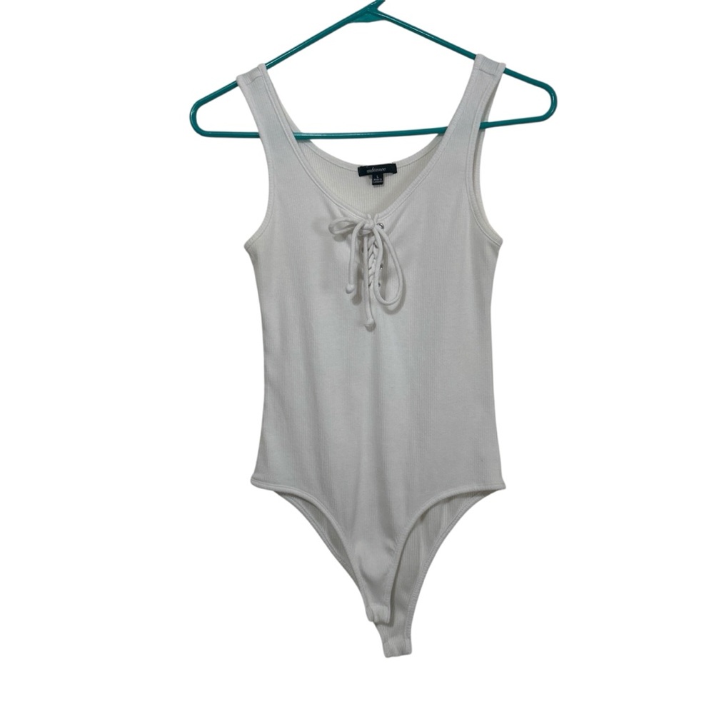 Ambiance White Ribbed Lace Up V-Neck Bodysuit Size Large